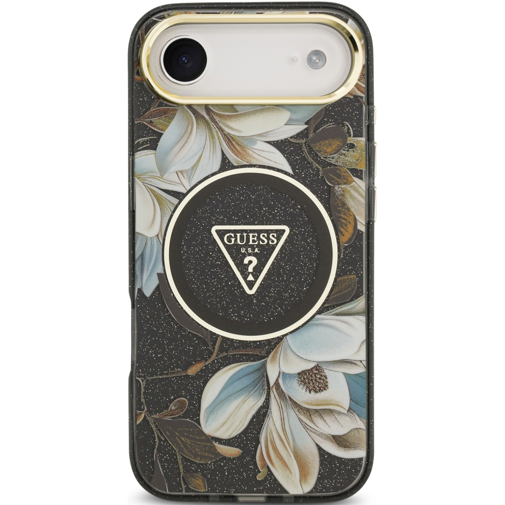 Etui Guess IML Metal Glitter Flowers Triangle do MagSafe do iPhone Air, czarne z kwiecistym wzorem